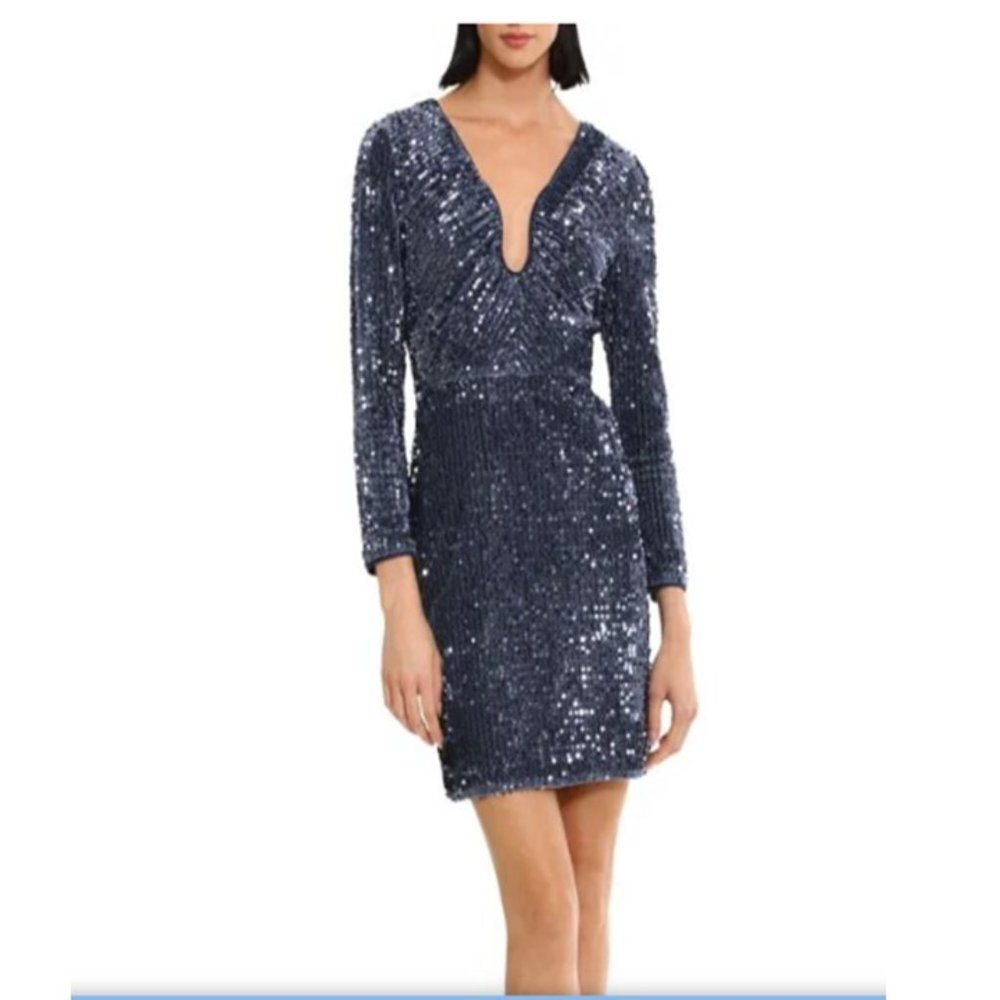Donna Morgan Women’s Blue Dark Gray Sequin Velvet Mini Dress Size 6 NWT